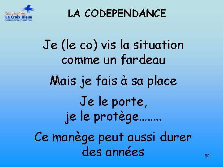 LA CODEPENDANCE Je (le co) vis la situation comme un fardeau Mais je fais