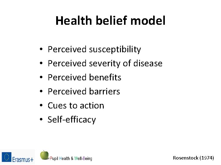 Health belief model • • • Perceived susceptibility Perceived severity of disease Perceived benefits