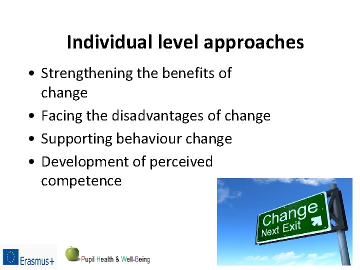 Individual level approaches • Strengthening the benefits of change • Facing the disadvantages of
