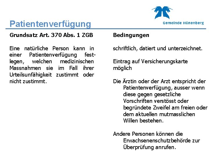 Patientenverfügung Grundsatz Art. 370 Abs. 1 ZGB Bedingungen Eine natürliche Person kann in einer