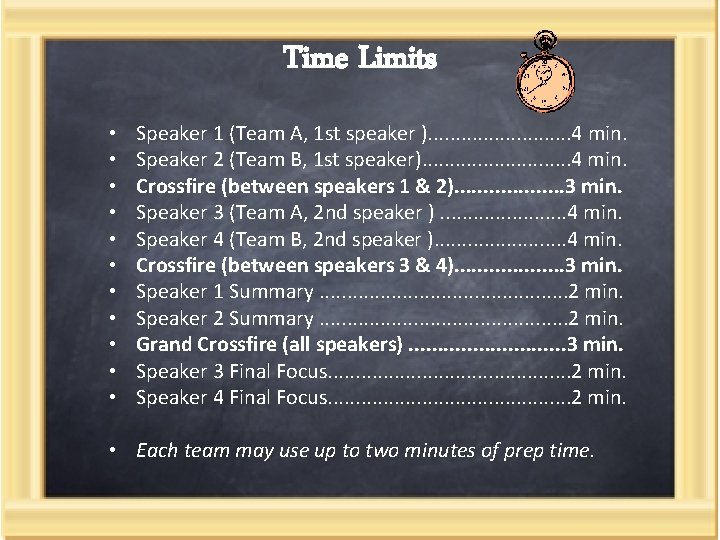 Time Limits • • • Speaker 1 (Team A, 1 st speaker ). .