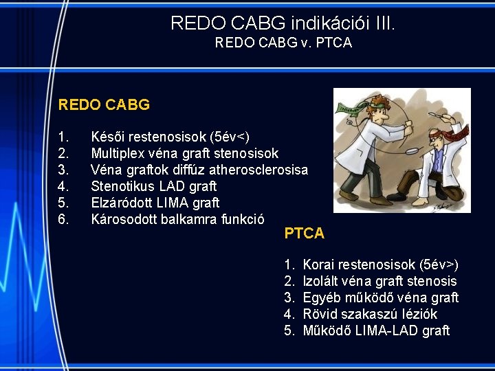 REDO CABG indikációi III. REDO CABG v. PTCA REDO CABG 1. 2. 3. 4.