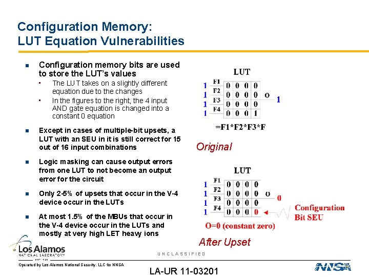 Configuration Memory: LUT Equation Vulnerabilities Configuration memory bits are used to store the LUT’s