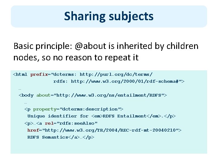 Sharing subjects Basic principle: @about is inherited by children nodes, so no reason to