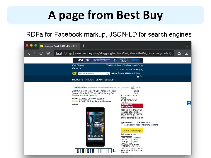 A page from Best Buy RDFa for Facebook markup, JSON-LD for search engines 