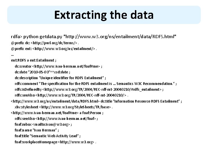 Extracting the data rdfa> python getdata. py "http: //www. w 3. org/ns/entailment/data/RDFS. html" @prefix