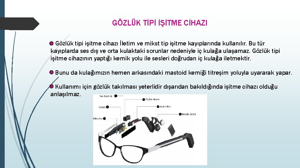 GÖZLÜK TİPİ İŞİTME CİHAZI Gözlük tipi işitme cihazı İletim ve mikst tip işitme kayıplarında