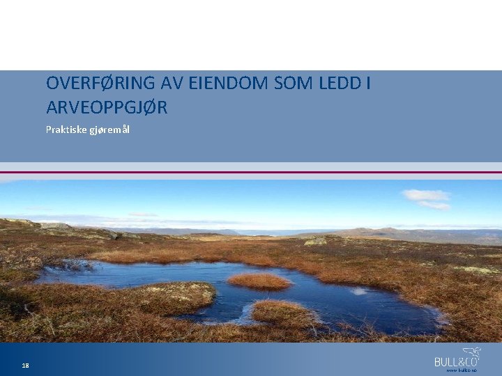 OVERFØRING AV EIENDOM SOM LEDD I ARVEOPPGJØR Praktiske gjøremål 18 www. bullco. no 