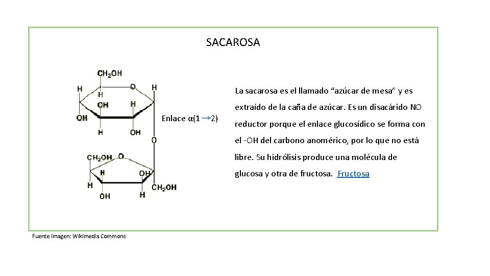 SACAROSA La sacarosa es el llamado “azúcar de mesa” y es Enlace α(1 2)