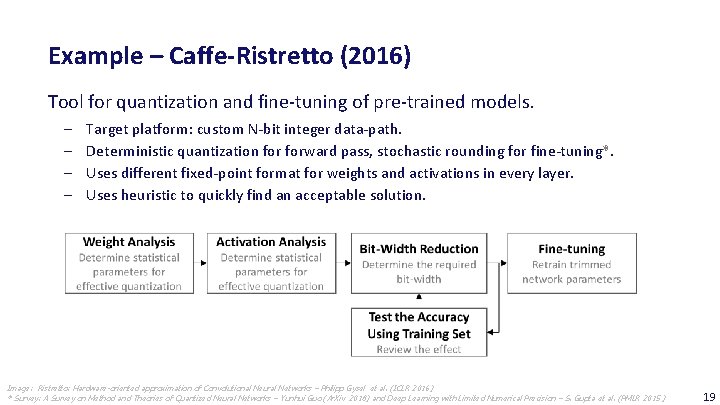 Example – Caffe-Ristretto (2016) Tool for quantization and fine-tuning of pre-trained models. ‒ ‒