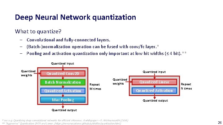 Deep Neural Network quantization What to quantize? ‒ Convolutional and fully-connected layers. ‒ (Batch-)normalization