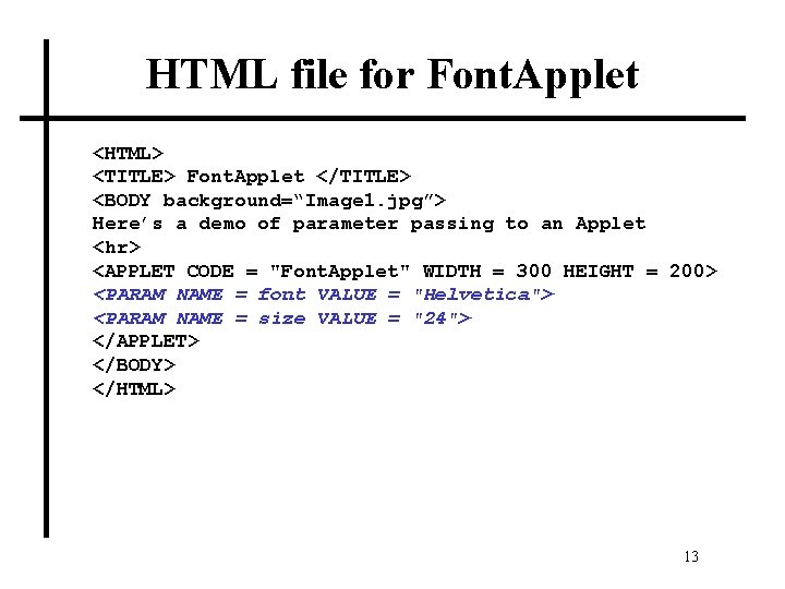 HTML file for Font. Applet <HTML> <TITLE> Font. Applet </TITLE> <BODY background=“Image 1. jpg”>