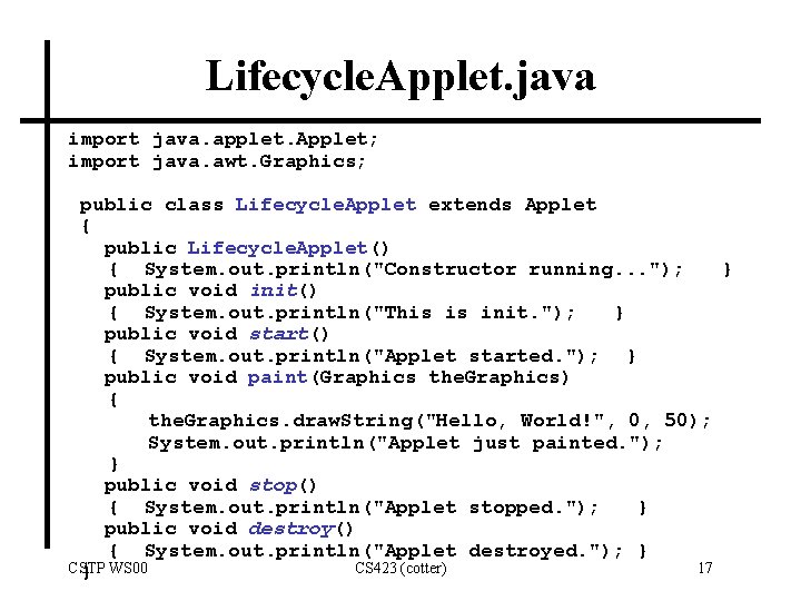 Lifecycle. Applet. java import java. applet. Applet; import java. awt. Graphics; public class Lifecycle.