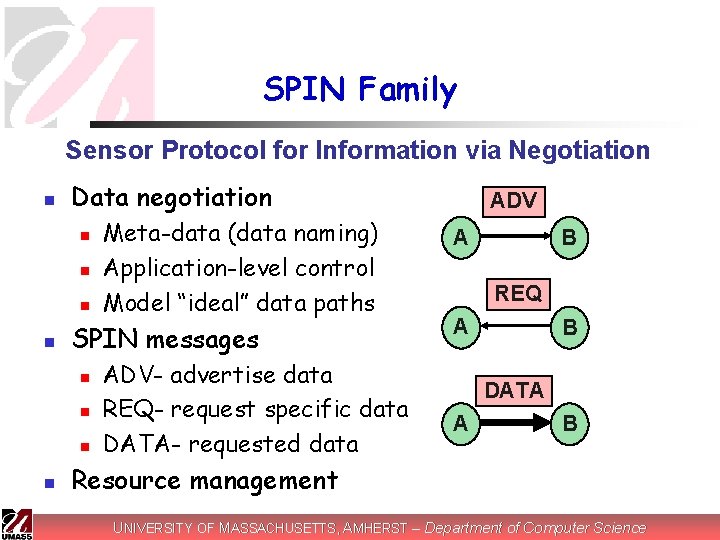 SPIN Family Sensor Protocol for Information via Negotiation n Data negotiation n n SPIN