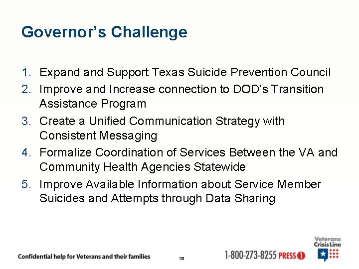 Governor’s Challenge 1. Expand Support Texas Suicide Prevention Council 2. Improve and Increase connection