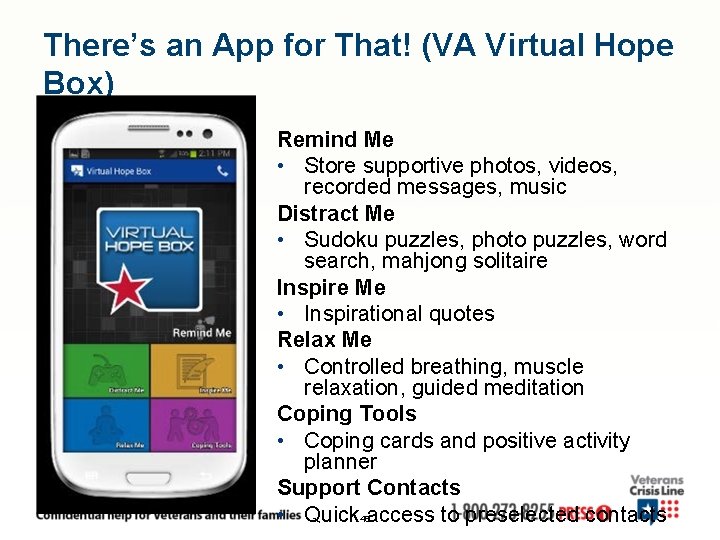 There’s an App for That! (VA Virtual Hope Box) Remind Me • Store supportive