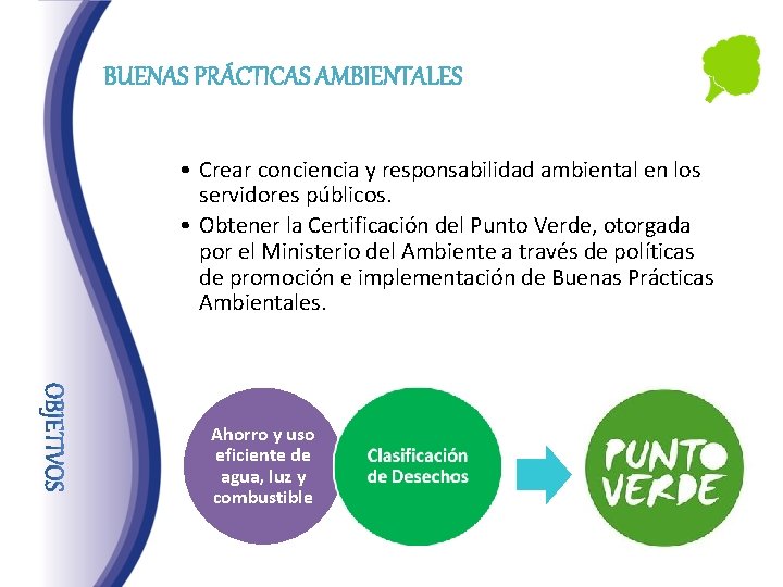 BUENAS PRÁCTICAS AMBIENTALES • Crear conciencia y responsabilidad ambiental en los servidores públicos. •