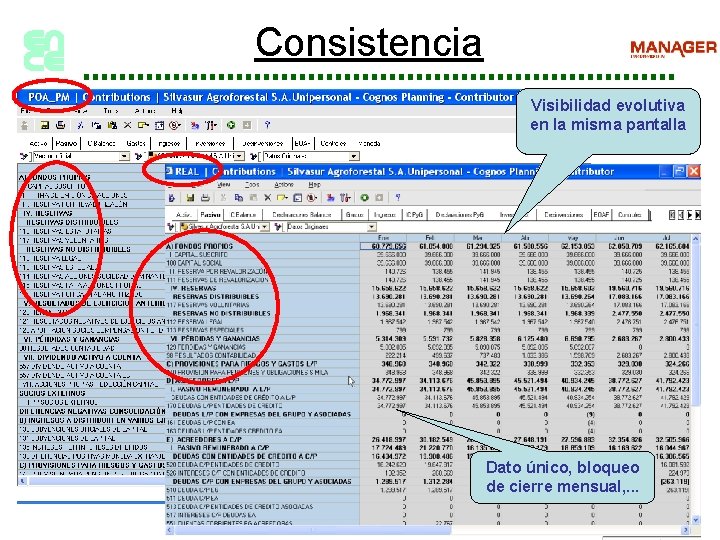 Consistencia Visibilidad evolutiva en la misma pantalla Dato único, bloqueo de cierre mensual, .