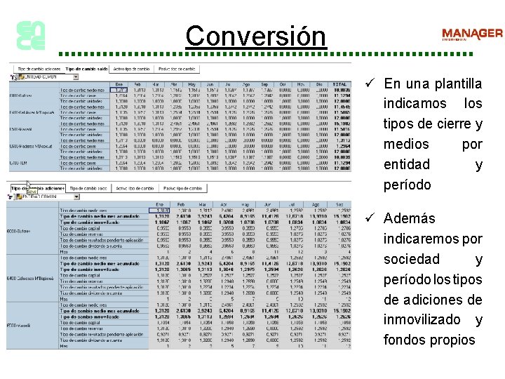 Conversión ü En una plantilla indicamos los tipos de cierre y medios por entidad