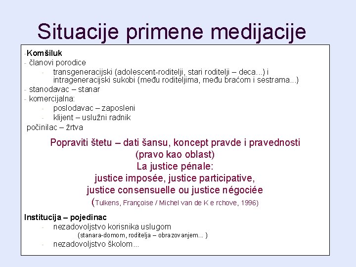 Situacije primene medijacije -Komšiluk - članovi porodice transgeneracijski (adolescent-roditelji, stari roditelji – deca. .