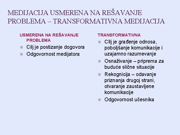 MEDIJACIJA USMERENA NA REŠAVANJE PROBLEMA – TRANSFORMATIVNA MEDIJACIJA USMERENA NA REŠAVANJE PROBLEMA TRANSFORMATIVNA n