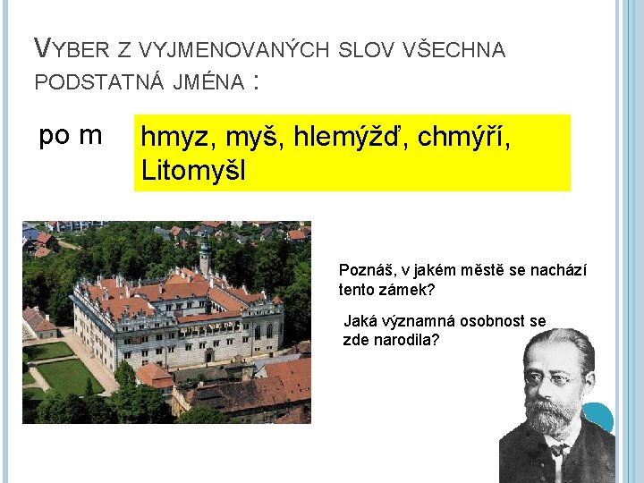 VYBER Z VYJMENOVANÝCH SLOV VŠECHNA PODSTATNÁ JMÉNA : po m hmyz, myš, hlemýžď, chmýří,