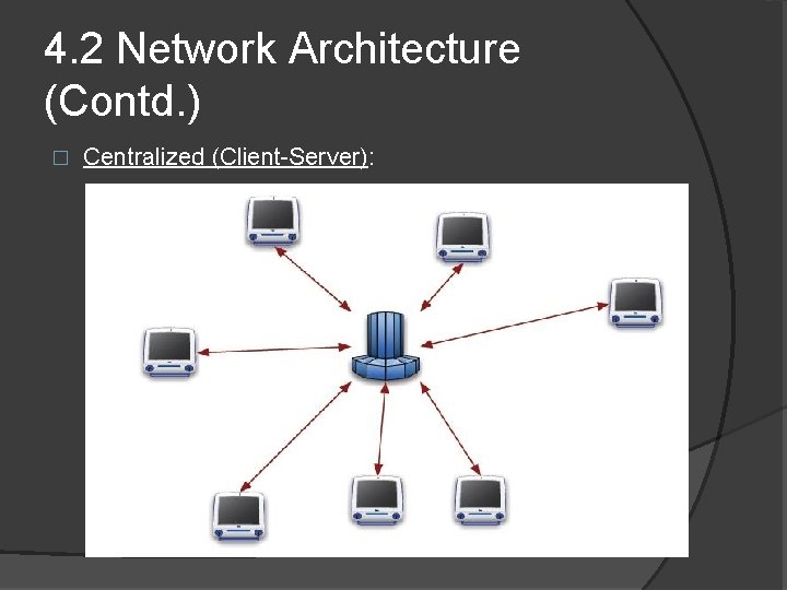 4. 2 Network Architecture (Contd. ) � Centralized (Client-Server): 
