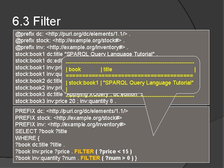 6. 3 Filter @prefix dc: <http: //purl. org/dc/elements/1. 1/>. @prefix stock: <http: //example. org/stock#>.