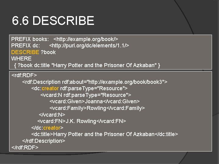 6. 6 DESCRIBE PREFIX books: <http: //example. org/book/> PREFIX dc: <http: //purl. org/dc/elements/1. 1/>