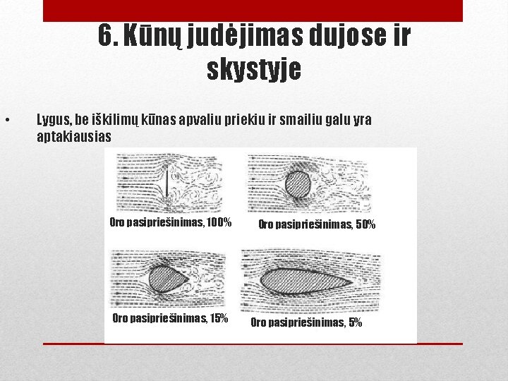 6. Kūnų judėjimas dujose ir skystyje • Lygus, be iškilimų kūnas apvaliu priekiu ir