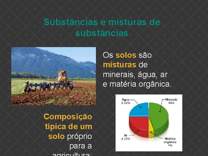 Substâncias e misturas de substâncias Os solos são misturas de minerais, água, ar e