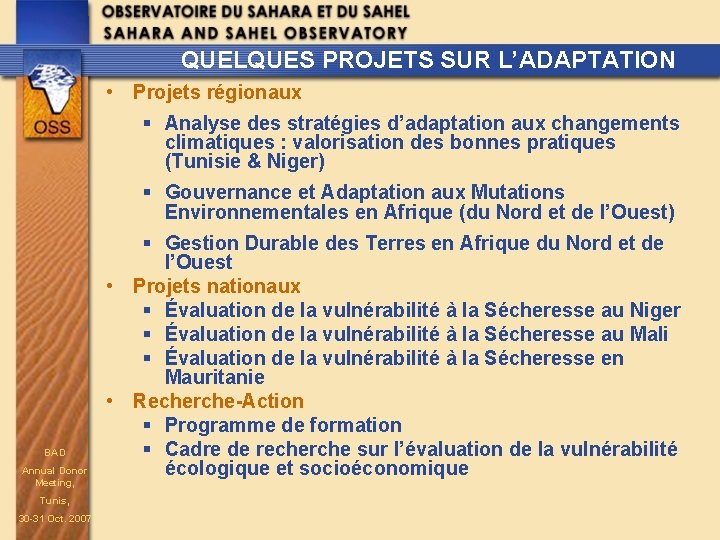 QUELQUES PROJETS SUR L’ADAPTATION • Projets régionaux § Analyse des stratégies d’adaptation aux changements