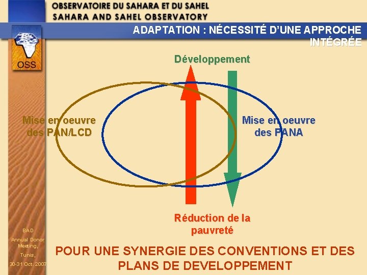 ADAPTATION : NÉCESSITÉ D’UNE APPROCHE INTÉGRÉE Développement Mise en oeuvre des PAN/LCD BAD Annual