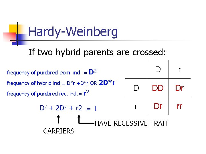 Hardy-Weinberg If two hybrid parents are crossed: frequency of purebred Dom. ind. = frequency