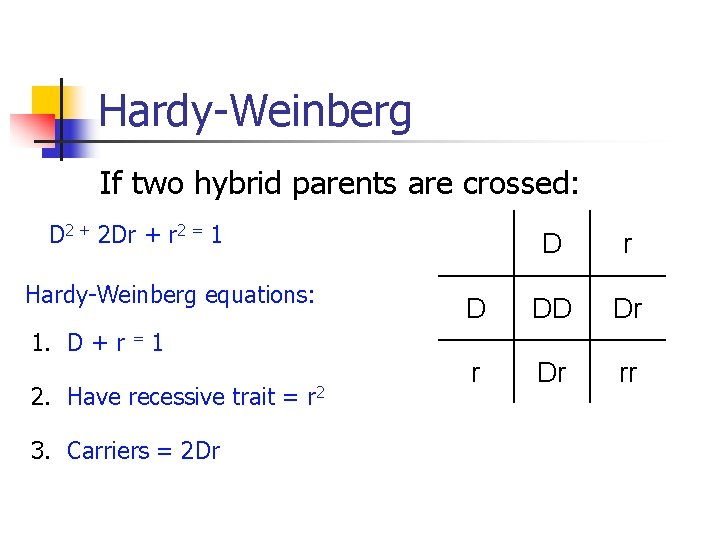 Hardy-Weinberg If two hybrid parents are crossed: D 2 + 2 Dr + r