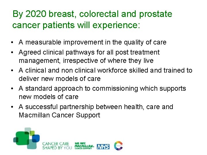 By 2020 breast, colorectal and prostate cancer patients will experience: • A measurable improvement