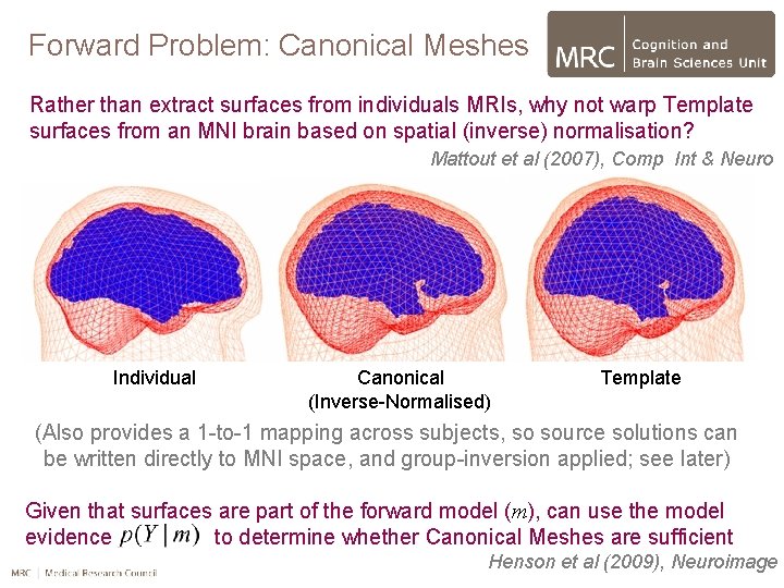 Forward Problem: Canonical Meshes Rather than extract surfaces from individuals MRIs, why not warp