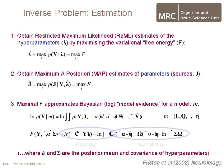 Inverse Problem: Estimation 1. Obtain Restricted Maximum Likelihood (Re. ML) estimates of the hyperparameters