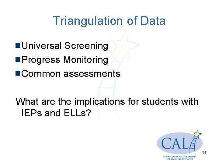 Triangulation of Data Universal Screening Progress Monitoring Common assessments What are the implications for