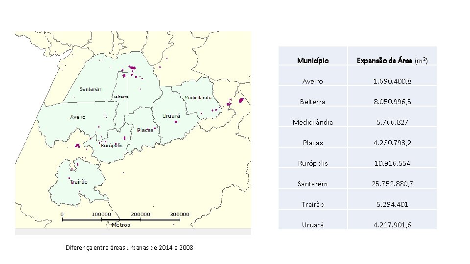 Diferença entre áreas urbanas de 2014 e 2008 Município Expansão da Área (m²) Aveiro