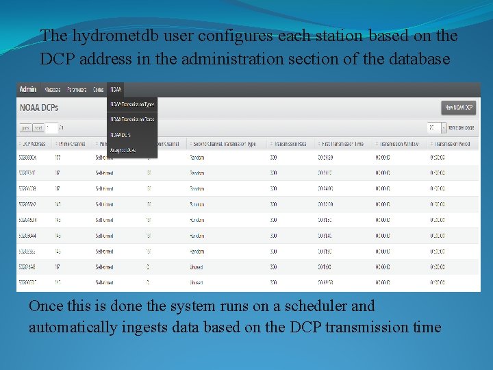 The hydrometdb user configures each station based on the DCP address in the administration