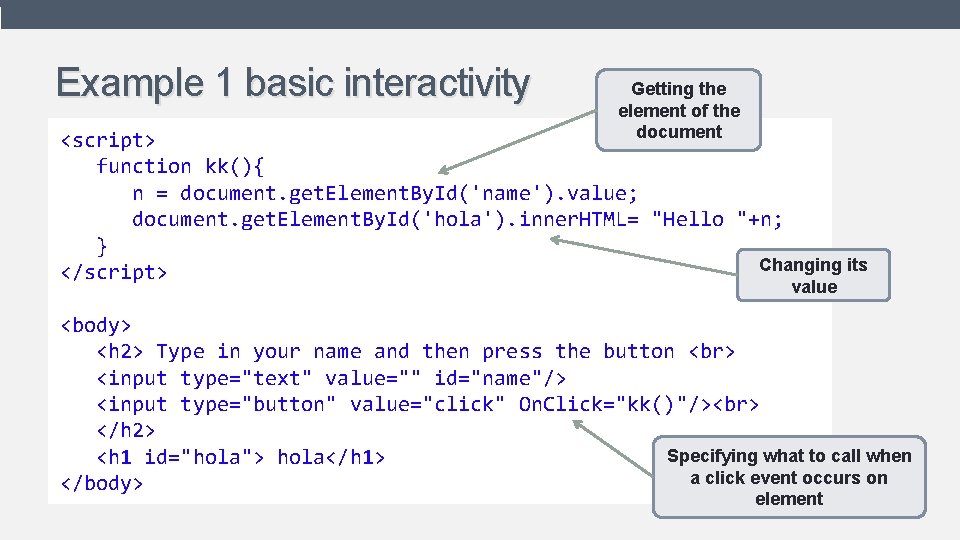 Example 1 basic interactivity Getting the element of the document • <script> Shows what