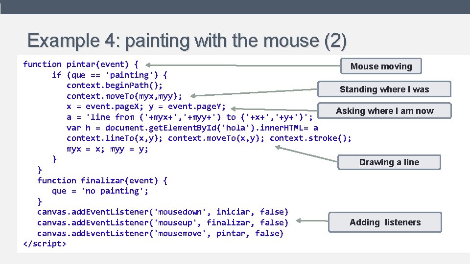 Example 4: painting with the mouse (2) function pintar(event) { Mouse moving • Shows