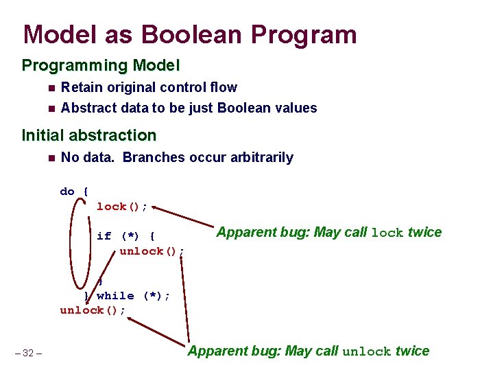 Model as Boolean Programming Model n Retain original control flow n Abstract data to