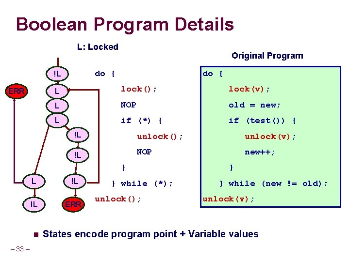 Boolean Program Details L: Locked do { !L ERR Original Program do { L