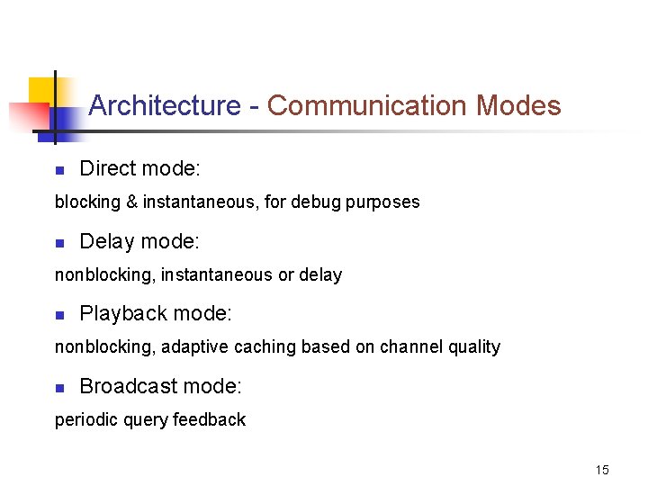 Architecture - Communication Modes n Direct mode: blocking & instantaneous, for debug purposes n