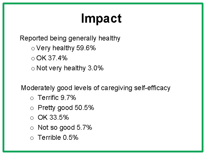 Impact Reported being generally healthy o Very healthy 59. 6% o OK 37. 4%