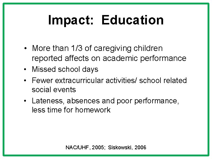 Impact: Education • More than 1/3 of caregiving children reported affects on academic performance