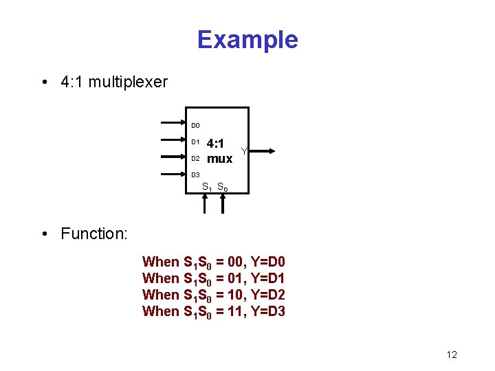Example • 4: 1 multiplexer D 0 D 1 D 2 4: 1 mux