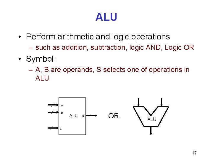 ALU • Perform arithmetic and logic operations – such as addition, subtraction, logic AND,